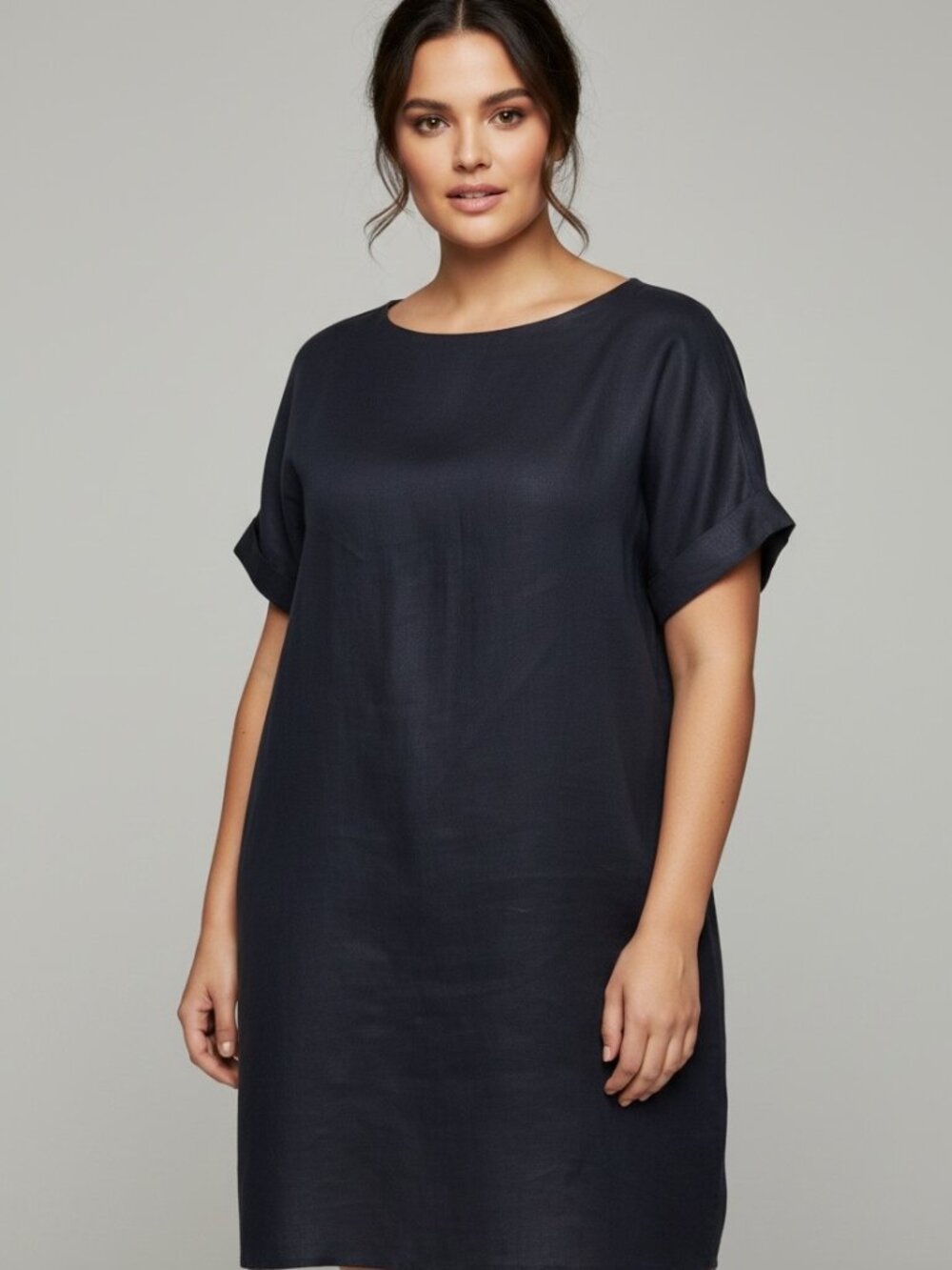 Tahari 100% Linen Navy Short Sleeve Shift Dress Women's Size M Minimalist Summer